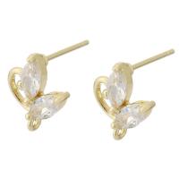 Brass Earring Stud Component, gold color plated, micro pave cubic zirconia 