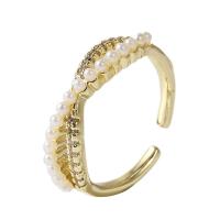 Cubic Zirconia Micro Pave Brass Finger Ring, with Plastic Pearl, gold color plated, Adjustable & micro pave cubic zirconia & for woman, gold, 17mm 