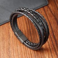 cuir PU bracelet, avec Acier inoxydable 304, Placage ionique sous vide, bijoux de mode & multicouche & pour homme, noire cm, Vendu par PC