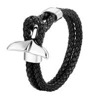 Cuero de PU Pulsera, con acero inoxidable 304, Pez, Joyería & para hombre, Negro, longitud:21 cm, Vendido por UD