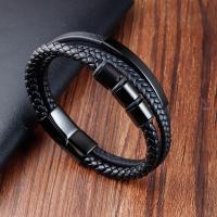 Cuero de PU Pulsera, con acero inoxidable 304, Esférico, chapado en color plomo negro, Joyería & para hombre, Negro, longitud:21 cm, Vendido por UD