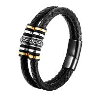 Cuero de PU Pulsera, con acero inoxidable 304, Recubrimiento iónico al vacío, Joyería & para hombre, Negro, longitud:21 cm, Vendido por UD