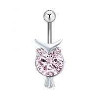 Anneau de ventre en acier inoxydable, alliage de zinc, avec zircon cubique & Acier inoxydable 304, hibou, Placage galvanique, pour femme & facettes, rose Vendu par PC