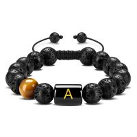 Lava Bead Bracelet, with Tiger Eye, Alphabet Letter, handmade, Unisex & adjustable black, 10mm .7 Inch 