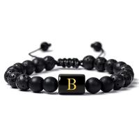 Lava Bead Bracelet, with Abrazine Stone & Polyester Cord, Alphabet Letter, handmade, Unisex & adjustable black, 8mm .5 Inch 