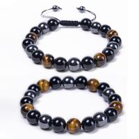 Negro Obsidiana pulsera, con Negro+Magnético+Piedra & cordón poliéster & Ojo de tigre, Esférico, unisexo & diferentes estilos para la opción, color mixto, 8-10mm, longitud:6.6-8.5 Inch, Vendido por UD