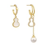 Asymmetric Earrings, Brass, with Shell & Plastic Pearl, gold color plated, micro pave cubic zirconia & for woman 