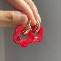 Huggie Hoop Drop Earring, Brass, with Resin, Flower, fashion jewelry & for woman 