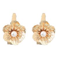 Boucle d'oreille en alliage de zinc en plastique perle, avec Plastique ABS perle, fleur, couleur de haute qualité d'or plaqué, bijoux de mode & pour femme, doré Vendu par paire