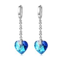 Brass Huggie Hoop Drop Earring, with Imitated Crystal, platinum plated, micro pave cubic zirconia & for woman, blue 