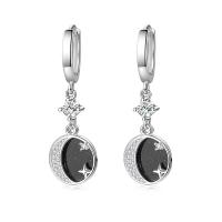 Brass Huggie Hoop Drop Earring, platinum plated, stoving varnish & micro pave cubic zirconia & for woman, black 