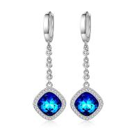 Brass Huggie Hoop Drop Earring, with Imitated Crystal, platinum plated, micro pave cubic zirconia & for woman, blue 