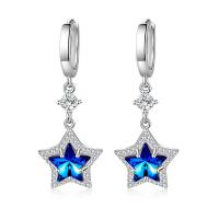 Brass Huggie Hoop Drop Earring, with Crystal, Star, platinum plated, micro pave cubic zirconia & for woman, blue 