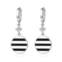 Brass Huggie Hoop Drop Earring, Flat Round, platinum plated, stoving varnish & micro pave cubic zirconia & for woman, white and black 