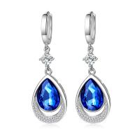 Brass Huggie Hoop Drop Earring, with Crystal, platinum plated, micro pave cubic zirconia & for woman, blue 