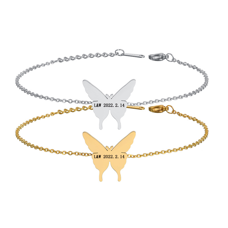 Edelstahl Charm Armband, 304 Edelstahl, mit Verlängerungskettchen von 1.57inch, Schmetterling, Vakuum-Ionen-Beschichtung, Jeder benutzerdefinierte Text muss weniger als zehn Buchstaben sein & Modeschmuck & für Frau, keine, 21*20mm, Länge:ca. 6.3 ZollInch, verkauft von PC