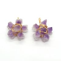 Natural Quartz Pendants, Amethyst, with Brass, Flower, gold color plated, Unisex, purple 