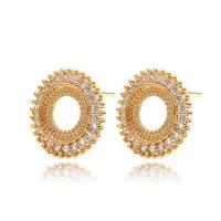 Brass Earring Stud Component, gold color plated & micro pave cubic zirconia 