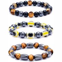 Bracelets magnétiques de pierre gemme, hématite non magnétique, avec oeil de tigre & pierre noire & résine, fait à la main, trois pièces & élastique & unisexe, couleurs mélangées .5 pouce é, Vendu par fixé