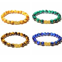 Tiger Eye Stone Bracelets, with Brass, Mythical Wild Animal, gold color plated, elastic & Unisex 8mm .5 Inch 