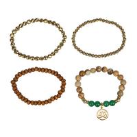 Edelstein Armbänder, Non- magnetische Hämatit, mit Karte-Stein & Grüner Aventurin & Holz & Zinklegierung, rund, goldfarben plattiert, 4 Stück & unisex, gemischte Farben, Länge:7.5 ZollInch, 4PCs/setzen, verkauft von setzen