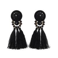 Boucle d'oreille de gland de mode, Fil de coton, avec cristal & alliage de zinc, Placage de couleur d'or, bijoux de mode & pour femme, noire Vendu par paire