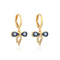 Huggie Hoop Drop Earring, Brass, gold color plated, evil eye pattern & micro pave cubic zirconia & for woman & enamel, blue 