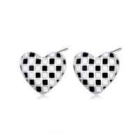 Brass Stud Earring, Heart, platinum color plated, for woman & epoxy gel, white and black, 11mm 