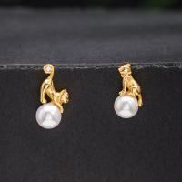 Asymmetric Earrings, 925 Sterling Silver, with Shell Pearl, Cat, gold color plated, micro pave cubic zirconia & for woman 