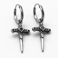 Huggie Hoop Drop Earring, 316 Stainless Steel, Cross, vintage & Unisex & with rhinestone & blacken 