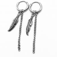 Huggie Hoop Drop Earring, 316 Stainless Steel, Feather, vintage & Unisex & blacken, 58mm 