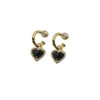 Pendiente de gota de circón cúbico(CZ), metal, Corazón, chapado en color dorado, micro arcilla de zirconia cúbica & para mujer, Negro, 30mm, Vendido por Par