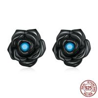 Sterling Silver Stud Earring, argent sterling 925, avec turquoise, fleur, noir or plaqué, pour femme Vendu par paire