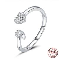 plata de ley 925 Anillo de dedo Cuff, chapado en color de platina, Ajustable & para mujer & con diamantes de imitación, Vendido por UD