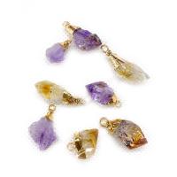 Natural Quartz Pendants, Amethyst, with Citrine & Brass, irregular, gold color plated, DIY 7x30- 