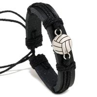 PU Leather Cord Bracelets, with Linen & Zinc Alloy, with 8-9cm extender chain, Volleyball, knit, Adjustable & fashion jewelry & for man, black, 12mm cm 