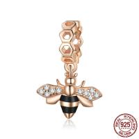 Colgante de plata de rey de Europeo, plata de ley 925, Abeja, chapado en color rosa dorada, micro arcilla de zirconia cúbica & esmalte, 12x17mm, Vendido por UD