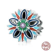 Émail en argent European perle, argent sterling 925, fleur, oxydation, pavé de micro zircon & émail, multicolore Environ 5mm, Vendu par PC