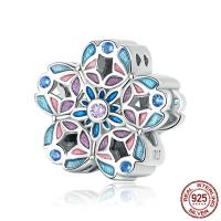 Abalorio de Europeo esmalte plata de rey , plata de ley 925, Flor, oxidación, micro arcilla de zirconia cúbica, multicolor, 12x12mm, Vendido por UD