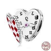 Émail en argent European perle, argent sterling 925, coeur, oxydation, pavé de micro zircon & émail, rouge Vendu par PC