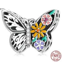 Abalorio de Europeo esmalte plata de rey , plata de ley 925, Mariposa, oxidación, micro arcilla de zirconia cúbica & hueco, multicolor, 16x12mm, agujero:aproximado 4.5mm, Vendido por UD