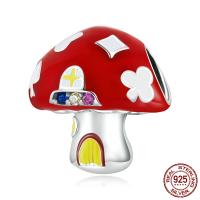 Émail en argent European perle, argent sterling 925, champignon, oxydation, pavé de micro zircon & émail, rouge Vendu par PC