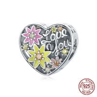 Abalorio de Europeo esmalte plata de rey , plata de ley 925, Corazón, chapado en color de platina, micro arcilla de zirconia cúbica, multicolor, 12x11mm, Vendido por UD