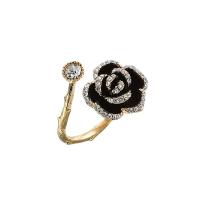 Cubic Zirconia Micro Pave Brass Finger Ring, Rose, gold color plated, Adjustable & micro pave cubic zirconia & for woman & enamel, black 