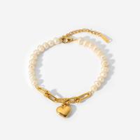 Bracelets de perles, Acier inoxydable 304, avec perle d'eau douce cultivée, avec 1.57 inch chaînes de rallonge, coeur, Plaqué or 18K, pour femme Environ 7.28 pouce, Vendu par PC