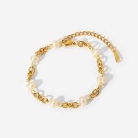 Bracelets de perles, Acier inoxydable 304, avec perle d'eau douce cultivée, avec 1.8 inch chaînes de rallonge, Plaqué or 18K, pour femme Environ 6.3 pouce, Vendu par PC