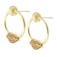 Cubic Zirconia Micro Pave Brass Earring, Lip, gold color plated, fashion jewelry & micro pave cubic zirconia & for woman, red 