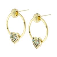 Cubic Zirconia Micro Pave Brass Earring, Heart, gold color plated, fashion jewelry & micro pave cubic zirconia & for woman, multi-colored 