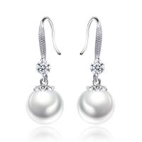 Cubic Zirconia Micro Pave Brass Earring, with ABS Plastic Pearl, Round, silver color plated, micro pave cubic zirconia & for woman, white 