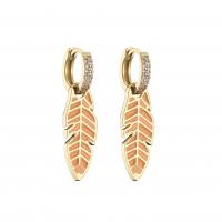 Huggie Hoop Drop Earring, Brass, Leaf, gold color plated, micro pave cubic zirconia & for woman & enamel 